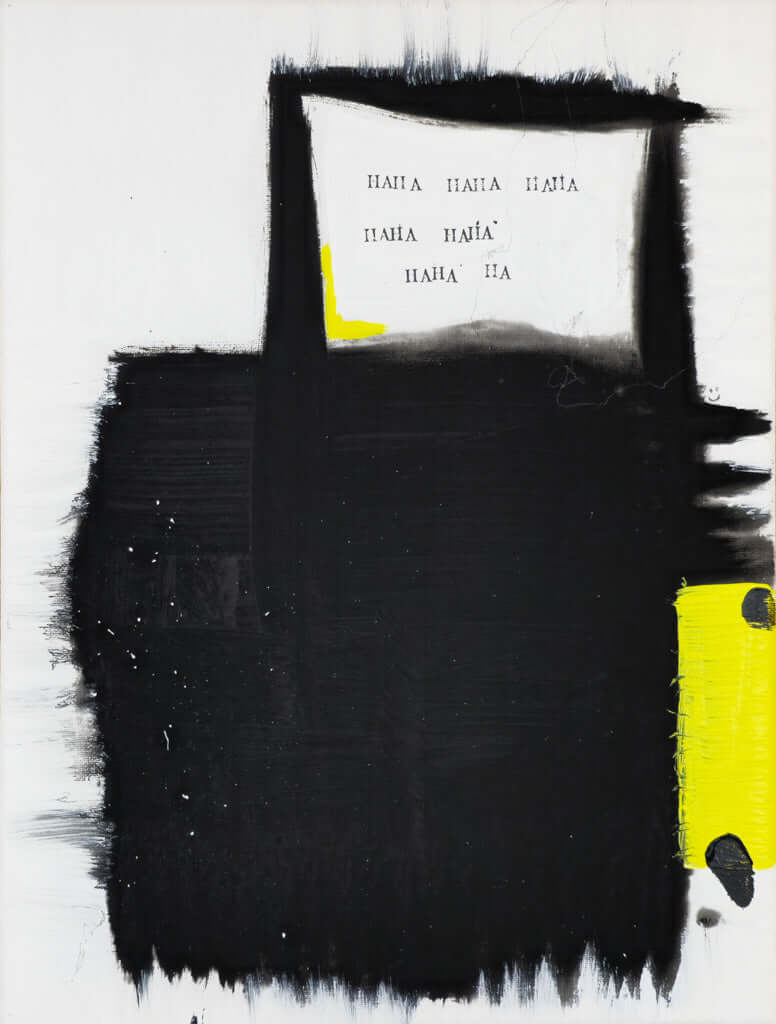 Originalgemälde „Laugh out loud“, 30 x 40 cm: große schwarze Pinselform mit gestempeltem „HAHA“ und Gelb