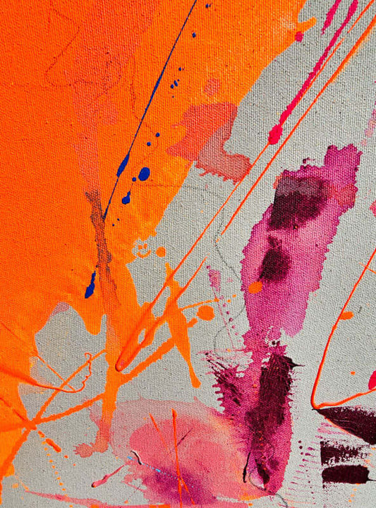 Kunstwerk mit leuchtenden Neonfarben in Orange, Pink und Grau, inspiriert von Sommerabenden und Aperol Spritz.