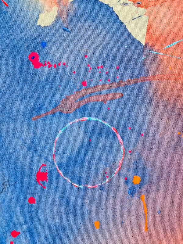 Abstrakte Kunst mit kräftigen Farben und Formen, inspiriert von Sommerabenden und Aperol Spritz.