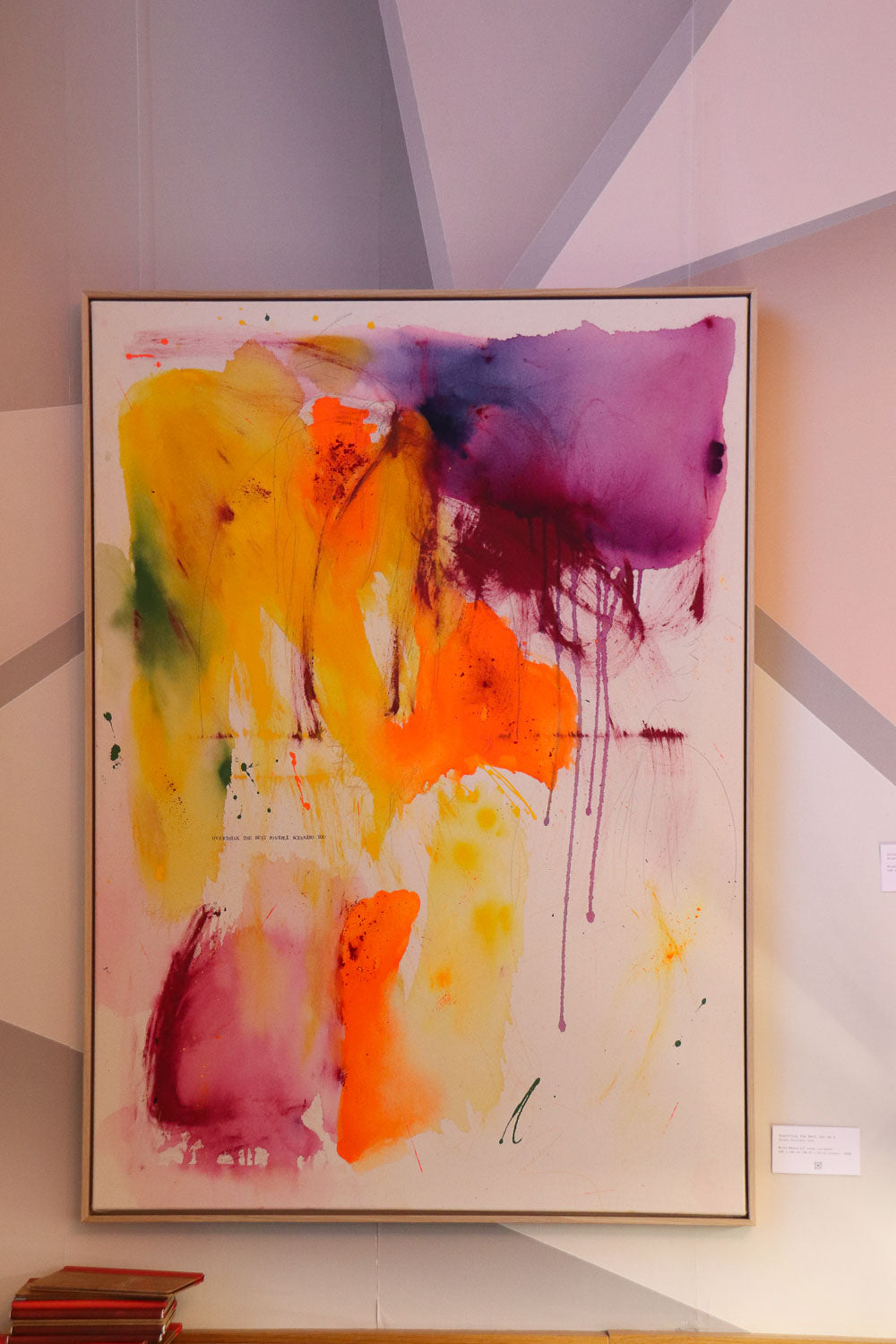 Großformatiges Originalgemälde „Overthink the best too no.1“, 100 x 140 cm, Gelb, Orange und Violett, gerahmt
