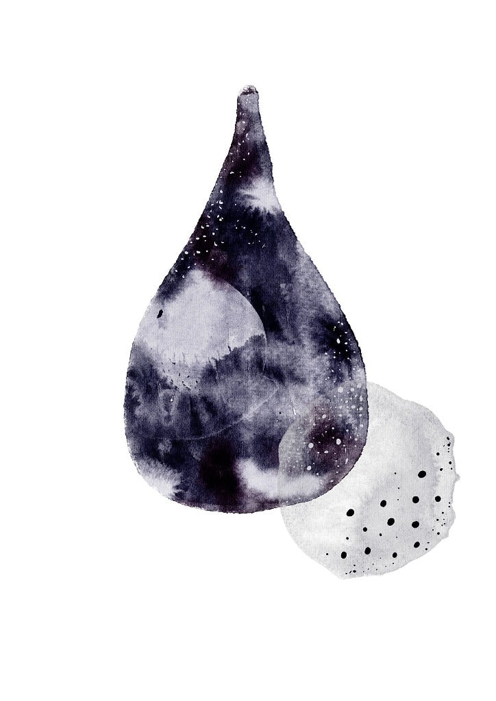 Motiv „Cyra no.10“: indigoblauer Aquarelltropfen mit grauem Punktkreis auf weißem Papier, Aquarell von Alexandra Wolf, Studio Froilein Juno