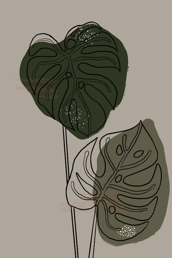 Motiv „Momo no.4“: zwei Monstera-Blätter in Dunkelgrün auf Graugrün, Kunstdruck von Alexandra Wolf, Studio Froilein Juno