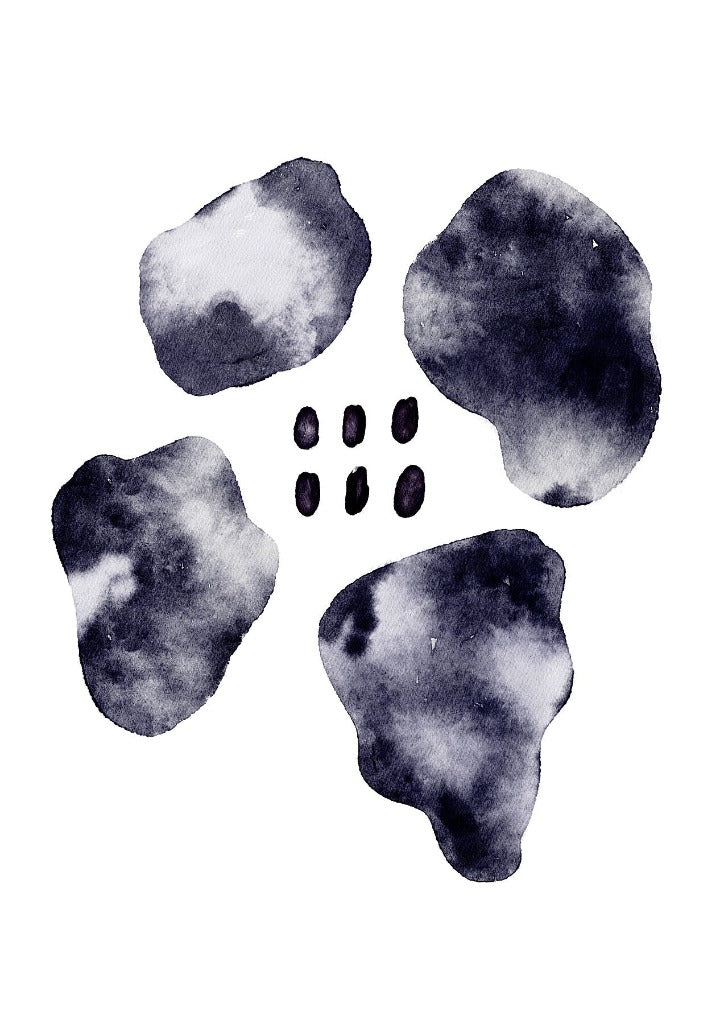 Motiv „Cyra no.11“: vier marmorierte Formen in Indigo und Grau auf weißem Papier, Aquarell von Alexandra Wolf, Studio Froilein Juno