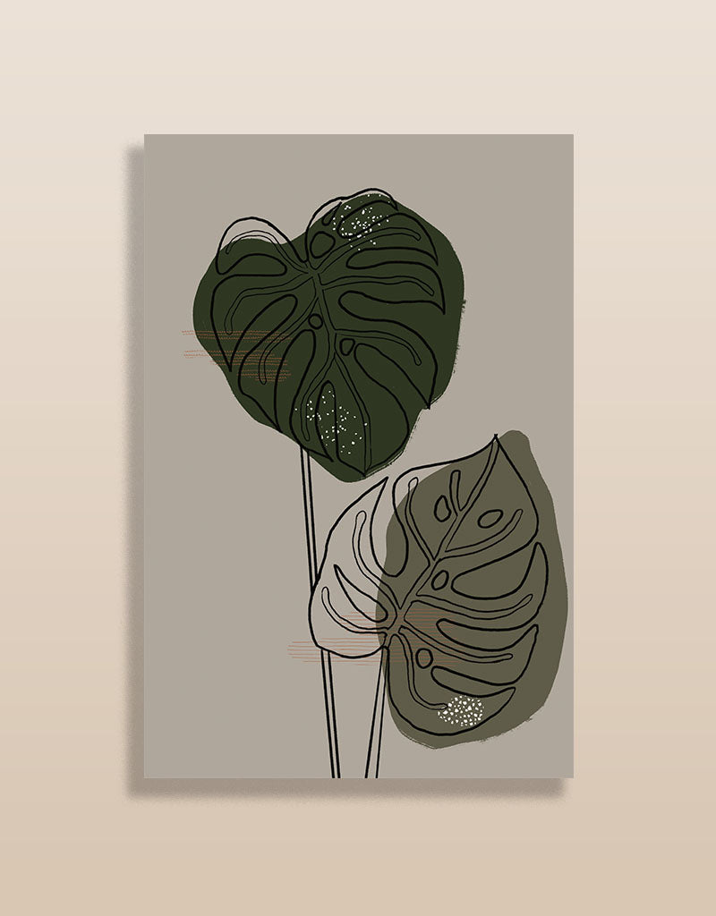 Minimalistischer Kunstdruck mit Monstera Blättern in grünen Naturtönen