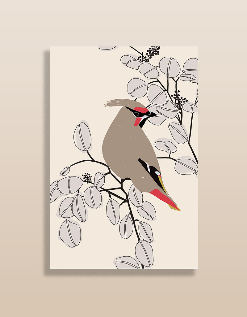 Moderner Kunstdruck Vogel auf Zweig in minimalistischen Naturtönen