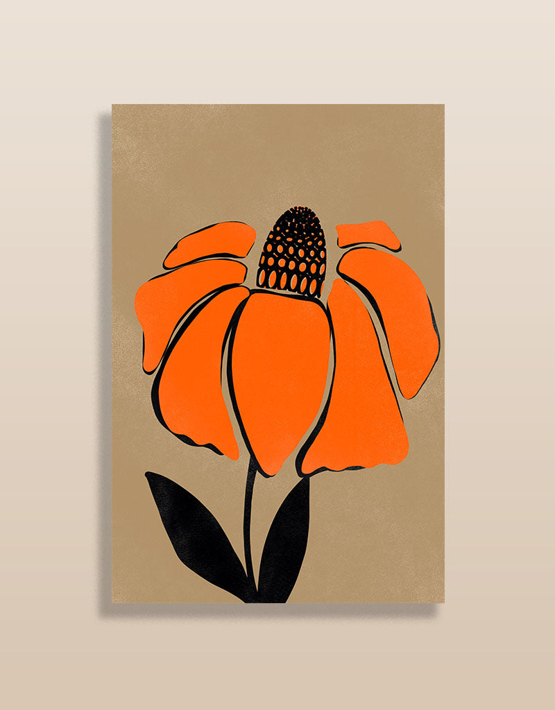 Abstrakte Blumenillustration im Riso Stil mit kräftigem Orange und minimalistischem Design