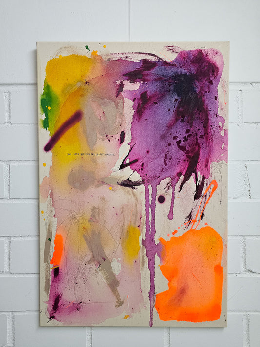 So sexy wie dus dir leicht machst no.1 by Alexandra Wolf: abstract original in purple, yellow and neon orange on raw canvas